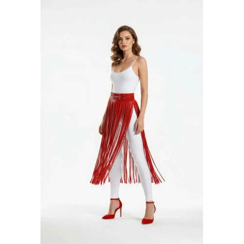 K�rm�z� Etek P�sk�ll� Suni Deri Etek Y�ksek Bel Etek - APFT1090