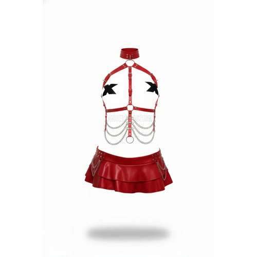 K�rm�z� Kad�n Kemer Zincir Detayl� Deri V�cut Harness - APFT531