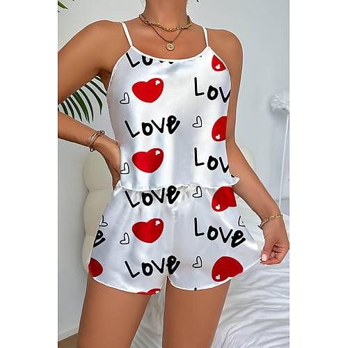 Love Desenli Beyaz Saten ortlu Gecelik Takm