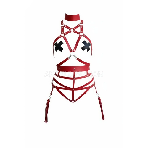 K�rm�z� Harness Tak�m Boyunluklu Metal Detayl� V�cut Kemer Seti - APFT402