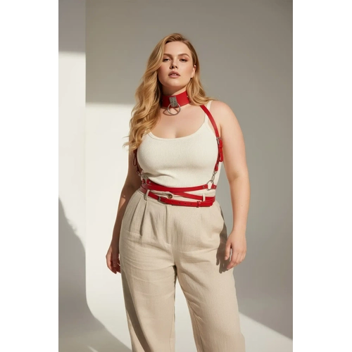 B�y�k Beden K�rm�z� Kad�n Kemer Metal Halka Detayl� Deri Harness - APFT644