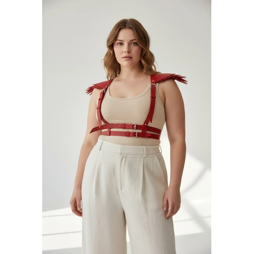 B�y�k Beden K�rm�z� Kad�n Deri Kemer Omuz Detayl� Harness V�cut Aksesuar� - APFT717