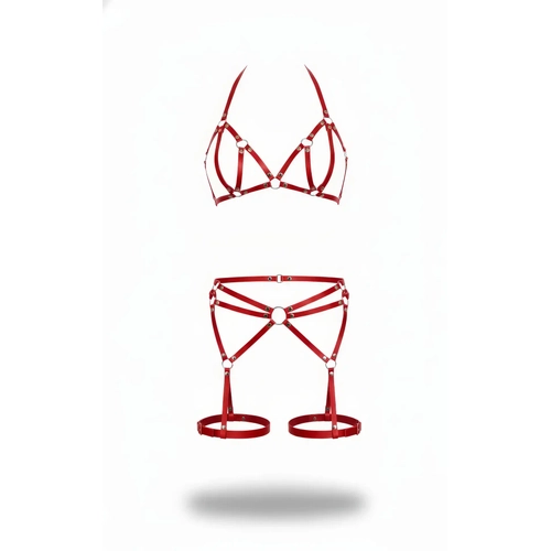 K�rm�z� Harness Tak�m Metal Halka Detayl� Bralet Jartiyer Seti - APFT547