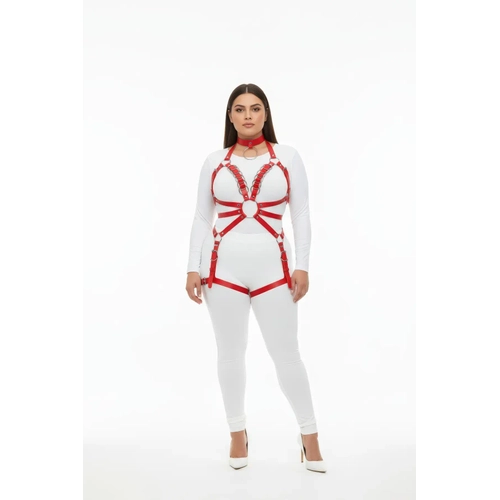 B�y�k Beden K�rm�z� Kad�n Deri Harness Tak�m Zincir ve Jartiyer Detayl� - APFT781