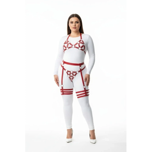 B�y�k Beden K�rm�z� Kad�n Deri Harness Tak�m Halka Detayl� Jartiyerli Fantezi Aksesuar - APFT530