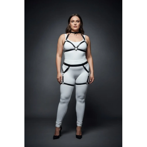 B�y�k Beden Siyah Kad�n Deri Harness Tak�m Jartiyerli Halka Detayl� - APFT478