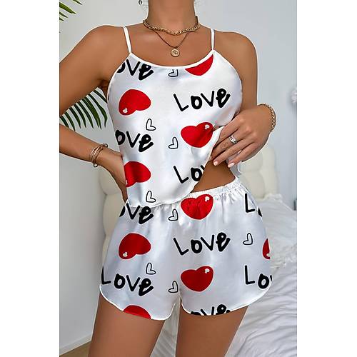 Love Desenli Beyaz Saten ortlu Gecelik Takm