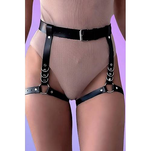 Seksi Deri Siyah Jartiyer Harness - APFT812