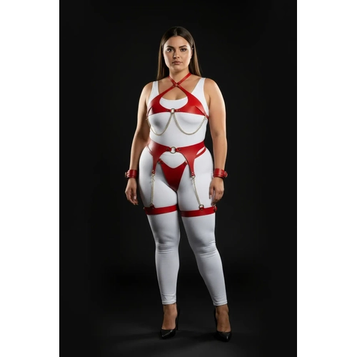 B�y�k Beden K�rm�z� Kad�n Deri Harness Tak�m Zincir Detayl� Jartiyerli - APFT1219