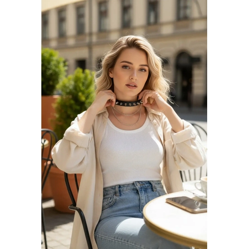 Siyah Choker Z�mba Detayl� Deri Kolye - APFT975