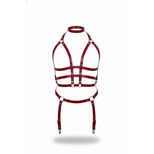 Bordo Harness Tak�m Boyunluklu Jartiyerli Deri V�cut Aksesuar� - APFT707