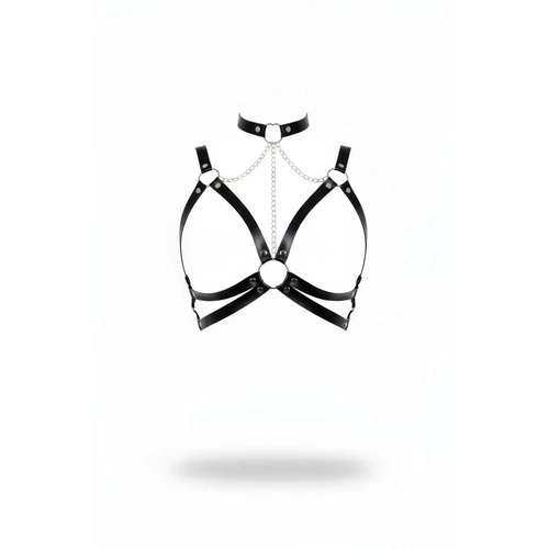 Siyah G���s Harness Zincir Detayl� Deri Choker - APFT797