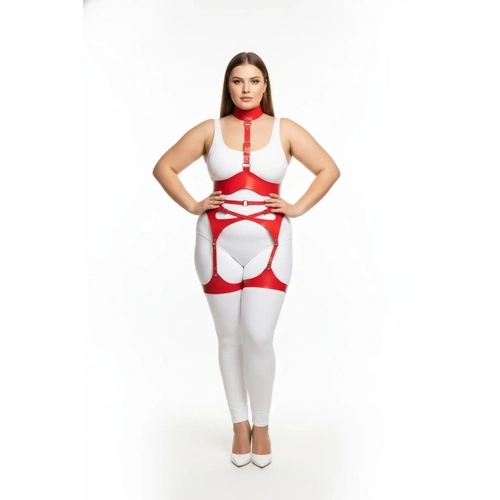 B�y�k Beden K�rm�z� Kad�n Deri Jartiyerli Fantezi Harness Tak�m - APFT1196