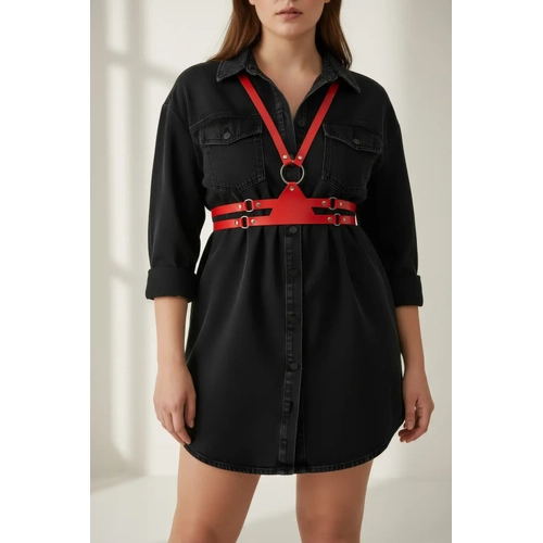 B�y�k Beden K�rm�z� Kad�n Kemer Deri Harness O