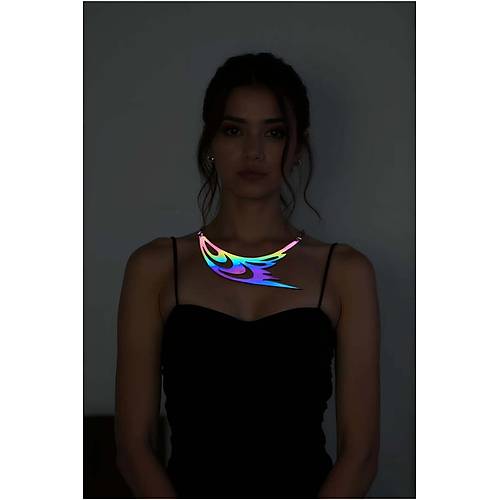 Rainbow Reflektrl Ku Kanad ve Gz Detayl Choker Kolye, k Lazer Kesim Kolye - APFT1414