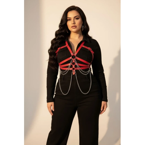 B�y�k Beden K�rm�z� Kad�n Kemer Deri Harness Zincir Detayl� V�cut Aksesuar� - APFT9