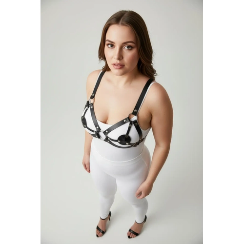 B�y�k Beden Siyah Kad�n Deri S�tyen Harness Tak�m Halkal� Detayl� Fantezi Aksesuar - APFT112