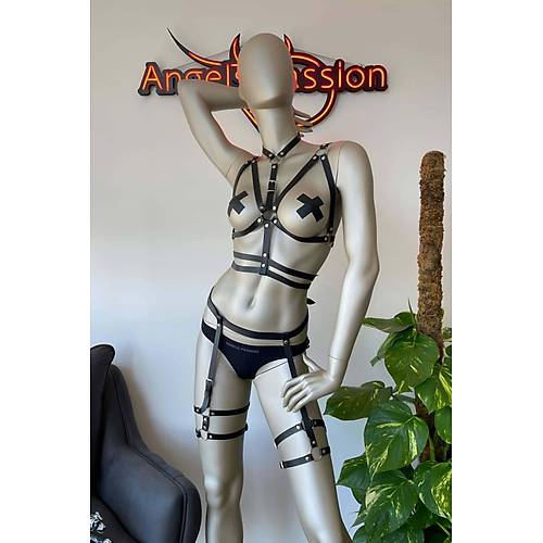 Siyah Deri Fantezi Jartiyer Harness Takm - APFT455