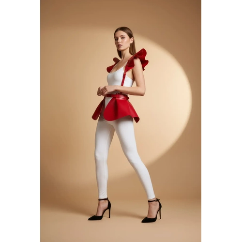K�rm�z� Etek Deri Volanl� Omuz Peplum - APFT1001