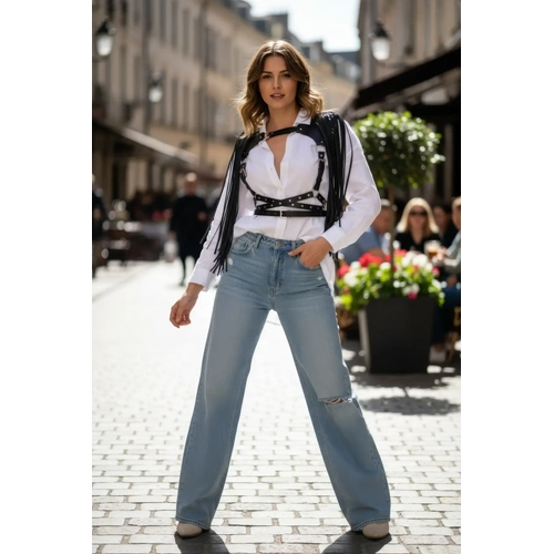 Siyah G���s Harness P�sk�ll� Z�mbal� Deri Yelek - APFT999