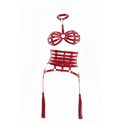 K�rm�z� Harness Tak�m Deri Kafes Yap�l� Metal Z�mbal� - APFT378