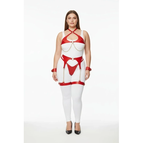 B�y�k Beden K�rm�z� Kad�n Deri Harness Tak�m Zincir Detayl� Jartiyerli - APFT1219