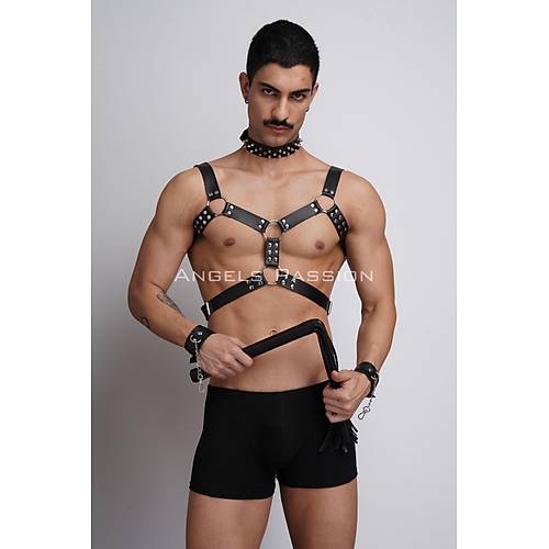 Krba ve ivili Choker Detayl Erkek Fantazi Giyim, Deri Erkek Harness Takm - APFTM102