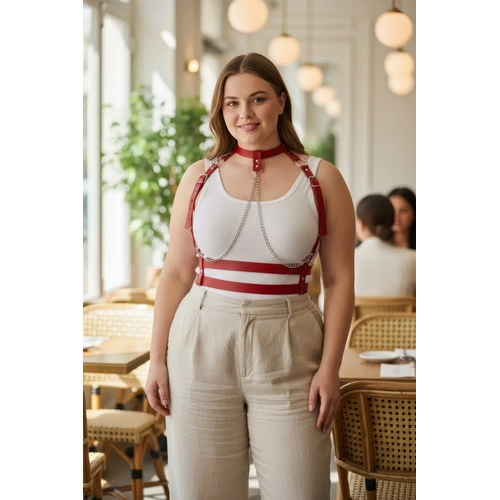 B�y�k Beden K�rm�z� Kad�n Kemer Zincir Detayl� Deri Harness V�cut Aksesuar� - APFT824