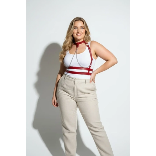 B�y�k Beden K�rm�z� Kad�n Kemer Zincir Detayl� Deri Harness V�cut Aksesuar� - APFT824