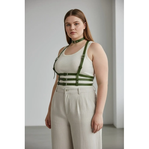 B�y�k Beden Haki Kad�n Deri Kemer �oklu Tokal� Harness V�cut Aksesuar� - APFT615
