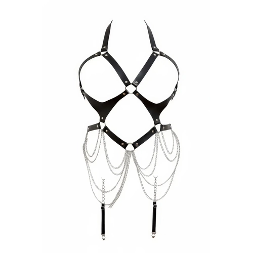 Siyah Body Harness Suni Deri Zincir Detayl� V�cut Aksesuar� - APFT1161