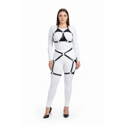 B�y�k Beden Siyah Kad�n Deri Harness Tak�m Halka Detayl� Jartiyerli - APFT1272
