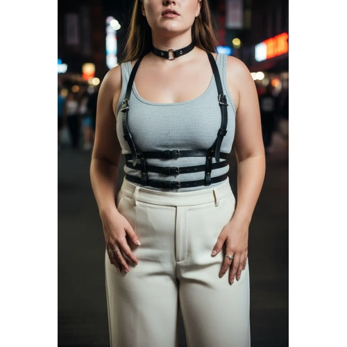 B�y�k Beden Siyah Kad�n Deri Harness Korse Kemer Tarz� V�cut Aksesuar� - APFT615