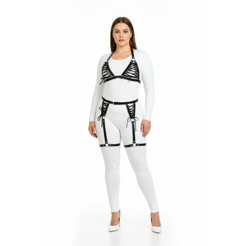 B�y�k Beden Siyah Kad�n Deri Harness Tak�m Jartiyerli ve Ba�c�kl� Fantezi Kombin - APFT1389