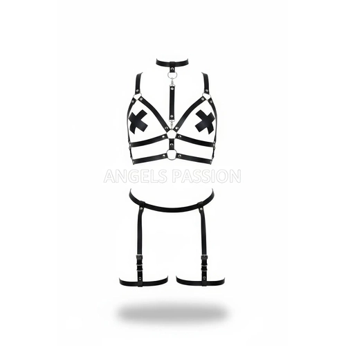 Siyah Harness Tak�m �apraz Detayl� Halkal� Jartiyerli - APFT488