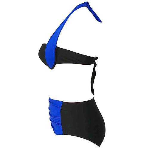 Angelsin Kapl Mavi Siyah Tasarml Yksek Bel Bikini Takm