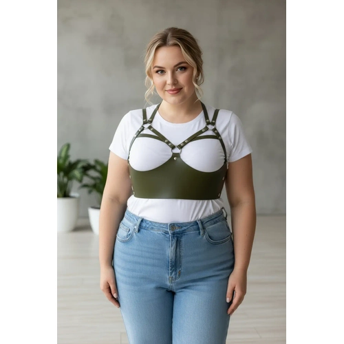 B�y�k Beden Haki Kad�n Kemer Per�in Detayl� Deri Harness V�cut Ku�a�� - APFT872