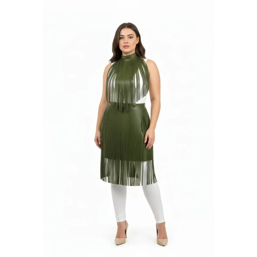 B�y�k Beden Haki Deri P�sk�l Detayl� Uzun Etek - APFT997