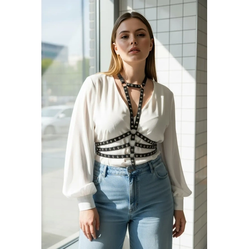 B�y�k Beden Siyah Kad�n Kemer, Per�inli Deri Harness V�cut Aksesuar� - APFT546