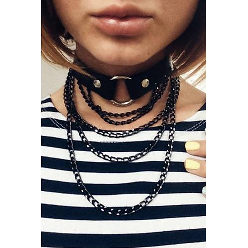 Siyah Zincir Detayl Deri Choker - APFT664