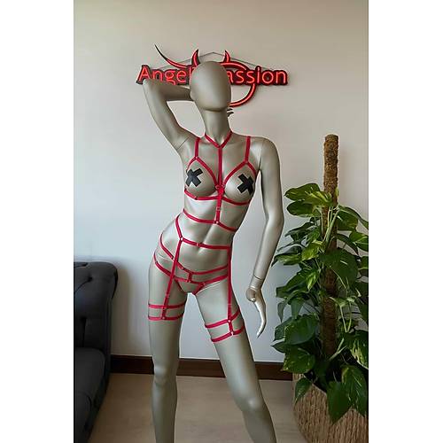 Krmz Lastik Seksi Body Harness Takm