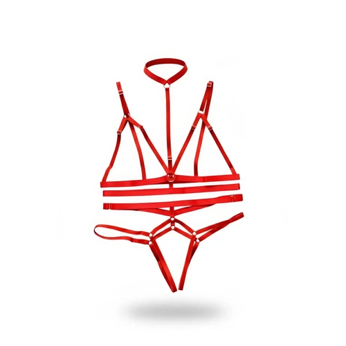 K�rm�z� Harness Tak�m Boyun Ba�l� Halka Detayl� V�cut Kafesi - APFT144