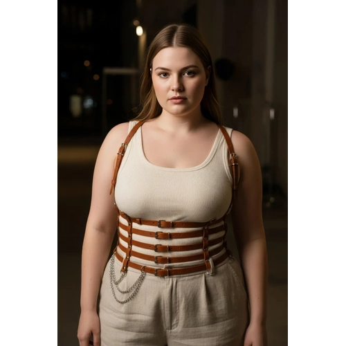 B�y�k Beden Taba Kad�n Kemer Zincir Detayl� Korse Tarz� Deri Harness - APFT626