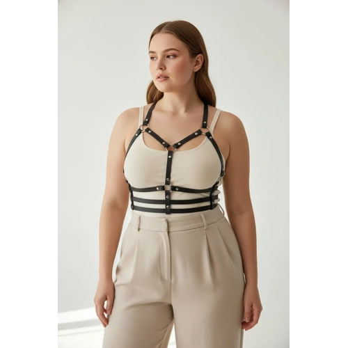 B�y�k Beden Siyah Kad�n Kemer Deri Harness Metal Detayl� - APFT760