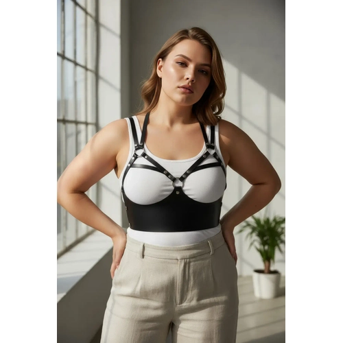 B�y�k Beden Siyah Kad�n Kemer Halka Detayl� Deri S�tyen Harness V�cut Aksesuar� - APFT872