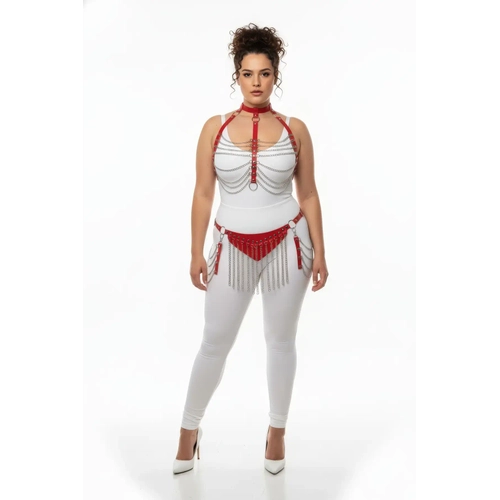 B�y�k Beden K�rm�z� Kad�n Deri Harness Tak�m Zincir Detayl� Fantezi Aksesuar - APFT328