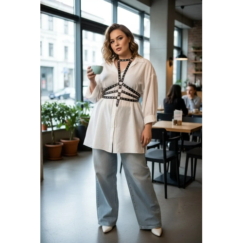 B�y�k Beden Siyah Kad�n Kemer, Per�inli Deri Harness V�cut Aksesuar� - APFT546