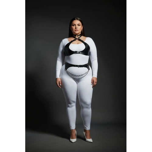 B�y�k Beden Siyah Kad�n Harness Tak�m Zincir Detayl� Deri G�r�n�ml� Aksesuar - APFT1164