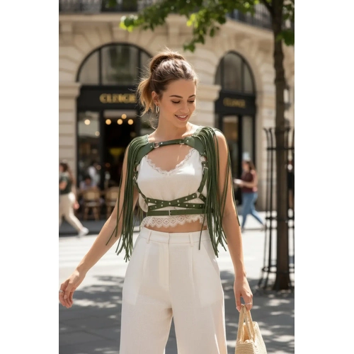 Haki G���s Harness Z�mba Detayl� �ok Kemerli Deri - APFT999