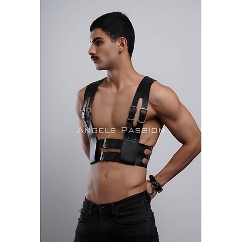 Deri Erkek Club Giyim, Fantezi Erkek Giyim, Deri Kelepeli Erkek Harness - APFTM118